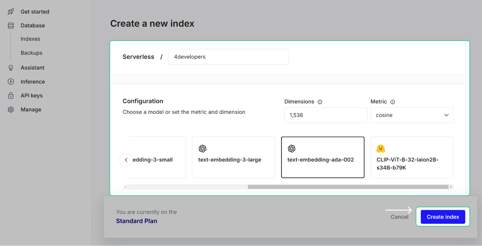 Screenshot of the &quot;Create a new index&quot; window in the Pinecone vector database platform. It shows options for configuring the new index, including selecting a pre-configured model, specifying the number of dimensions, and choosing a metric. The &quot;Create index&quot; button is highlighted, ready to finalize the index creation.