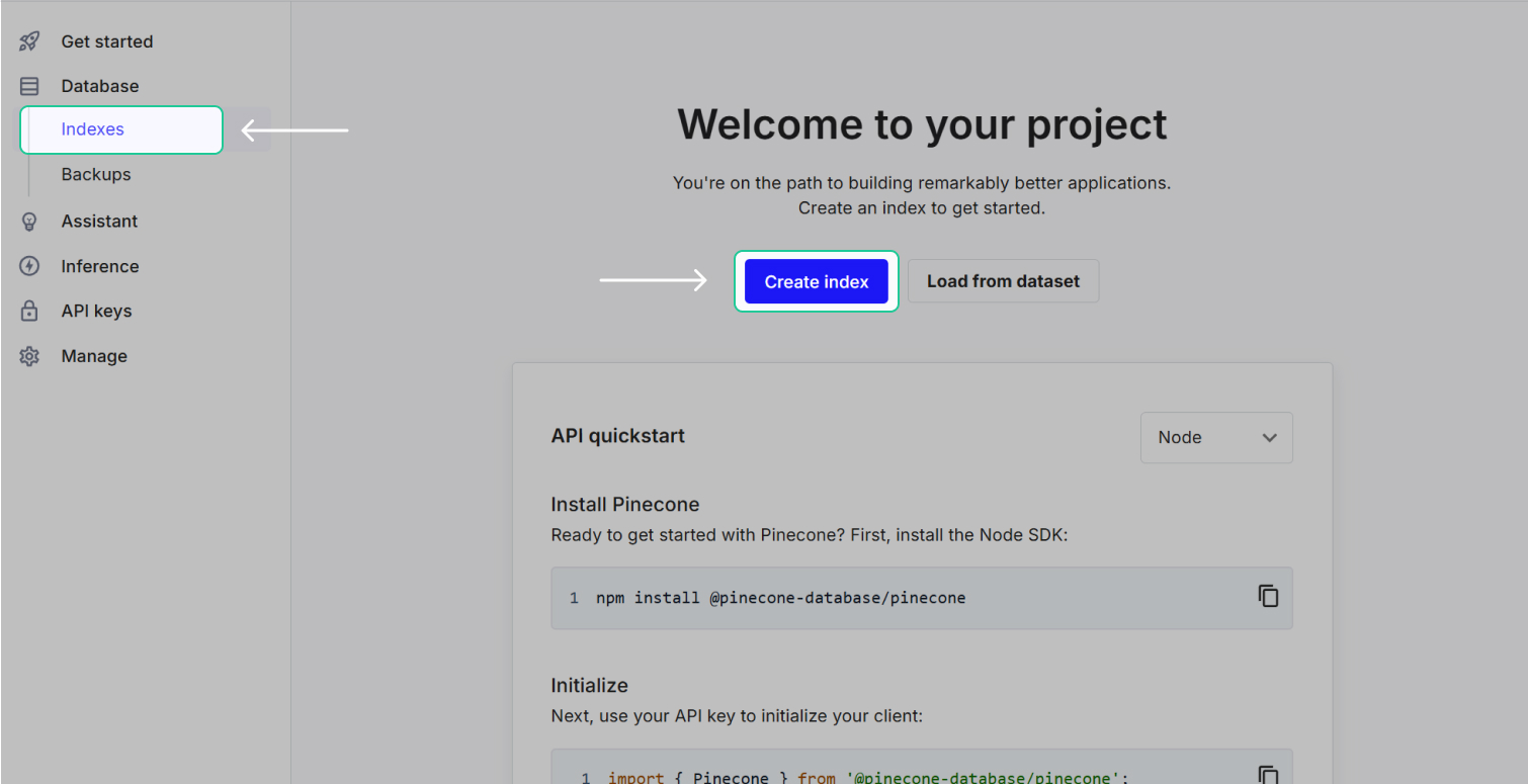 Screenshot of a Pinecone vector database management interface. The image highlights the 'Indexes' tab in the left-hand navigation menu and the 'Create index' button in the main content area, suggesting the first steps to getting started with creating a new index in Pinecone.