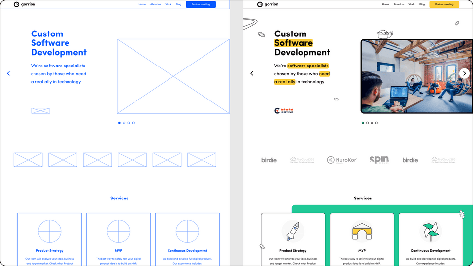 wireframe, blueprint of a given product, low fidelity wireframe of Gorrion.io website, high fidelity wireframes