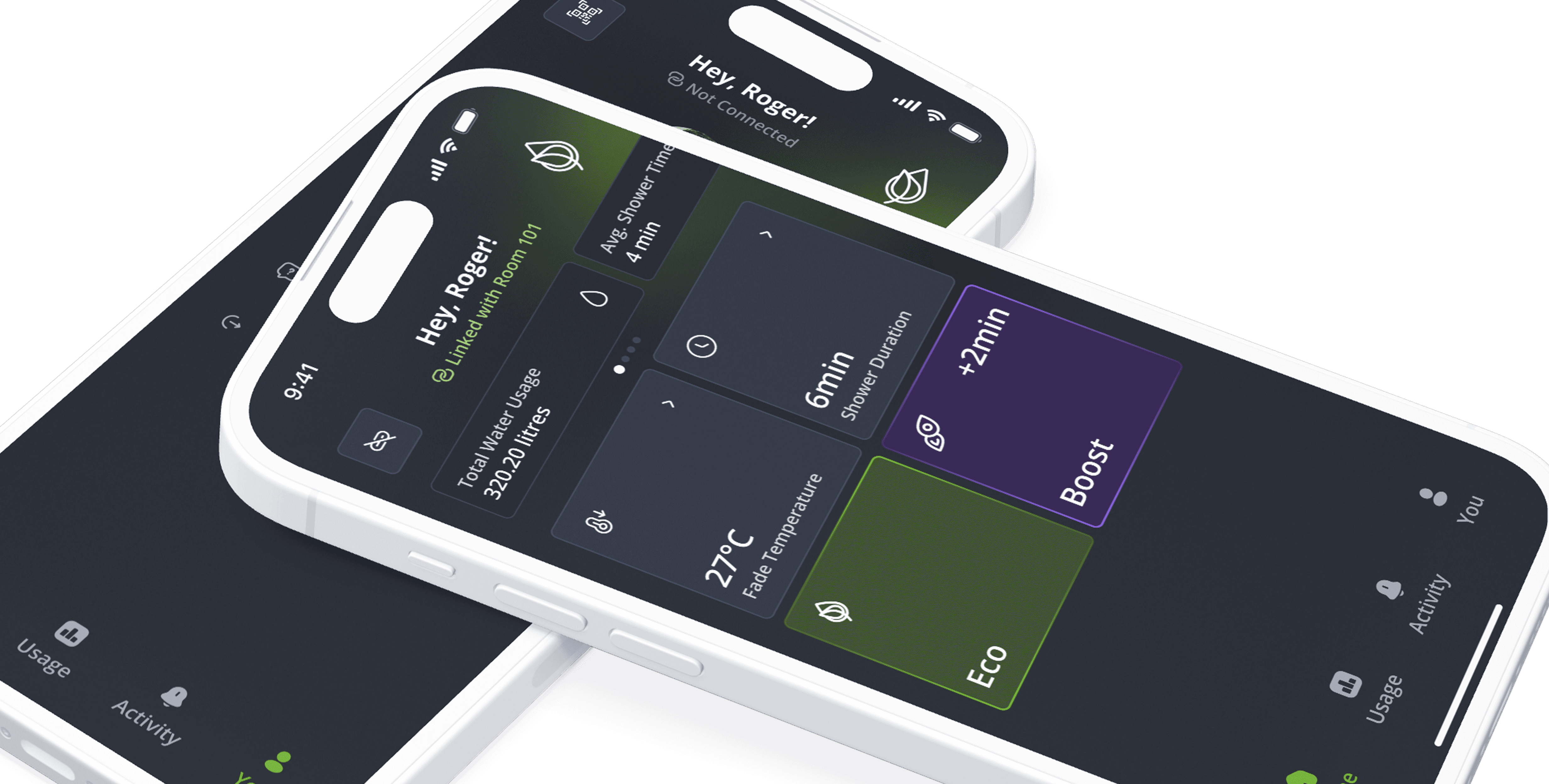 Two smartphones angled side by side, both running the Showerkap app; one highlights the main dashboard with water usage and shower duration controls, while the other shows eco and boost mode options with a modern, dark-themed interface.