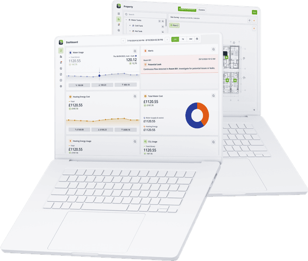 Two white laptops displaying the Showerkap application dashboard, showing analytics on water usage, heating energy cost, CO₂ usage, and alerts for potential leaks, with clear graphs and summary cards.
