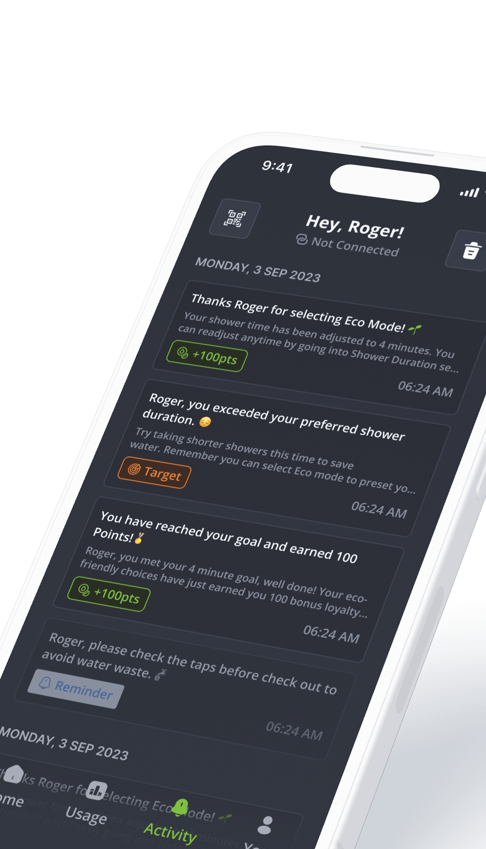 A smartphone screen showing the Showerkap app’s activity feed, with notifications about eco mode selection, shower duration targets, goal achievements, and reminders to check taps, all personalized for the user.