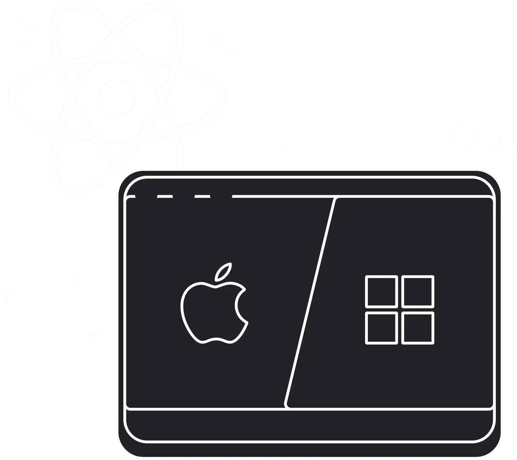 A stylized illustration of a laptop screen featuring Apple and Microsoft logos, with an atomic symbol in the background.