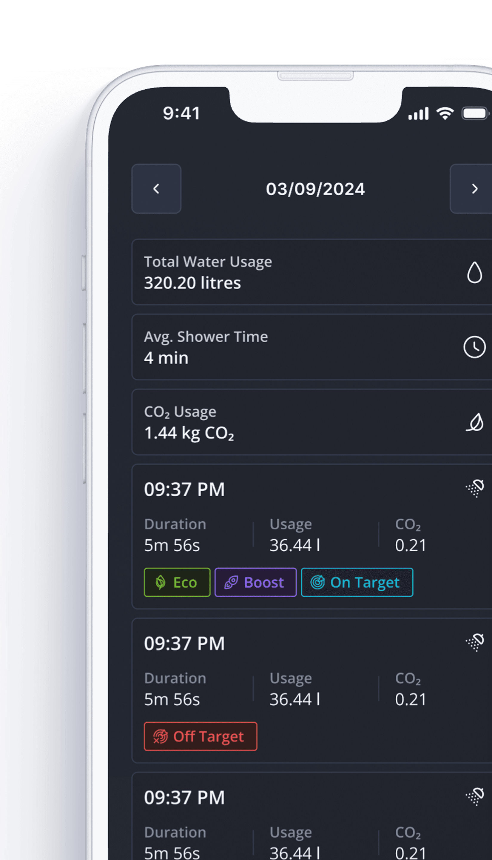 A smartphone screen displaying the Showerkap app’s usage details for a specific date, including total water usage, average shower time, CO₂ usage, and individual shower session breakdowns with eco and target indicators.