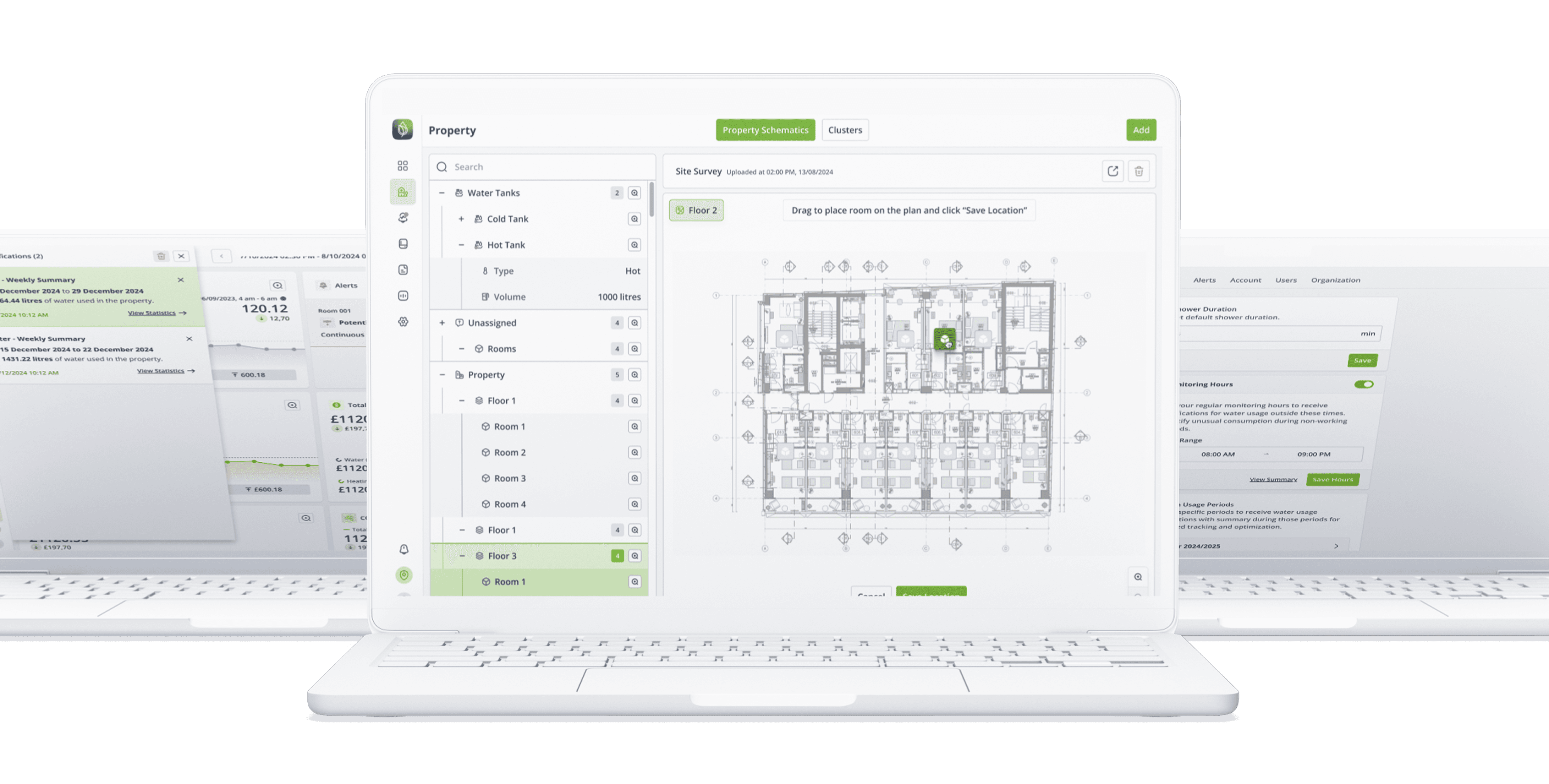 A white laptop displaying the Showerkap property management interface, with a floor plan schematic, room assignments, water tank details, and options for organizing and monitoring water usage across multiple rooms.