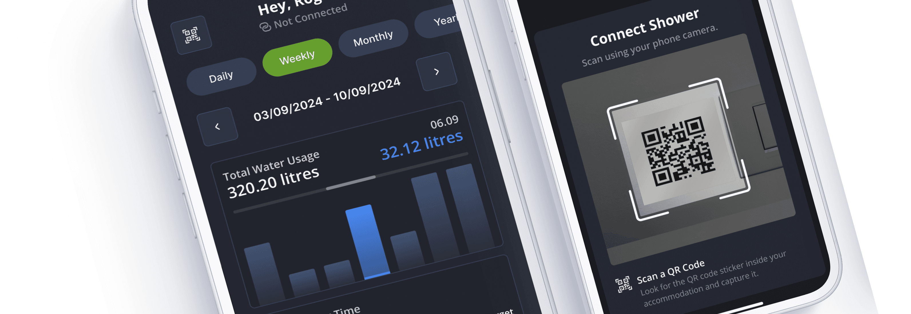 Two smartphones side by side showing the Showerkap app; one screen displays a weekly water usage bar chart, while the other prompts the user to connect a shower by scanning a QR code, both with a clean, dark interface.